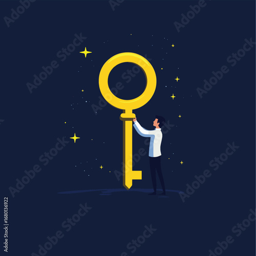 Confident businessman standing on a podium lifting giant golden key, key person, business success key, leadership and growth concept, vector style simple color