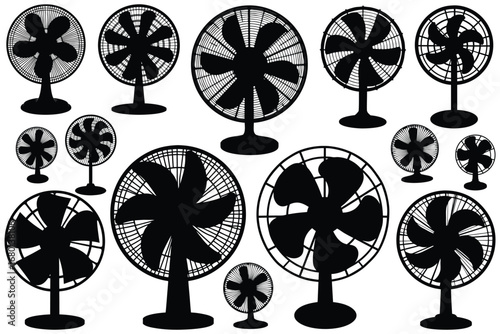 Multiple black silhouette table fans on white background