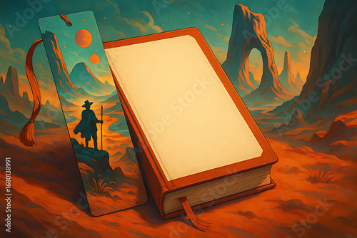 Blank book with fantasy bookmark illustration in desert landscape, creative surreal art concept with mountains and rock formations, imaginative storytelling design for literature fantasy novel templat