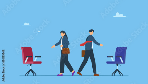 Businessman and businesswoman switch on office chairs metaphor of job rotation. Job rotation or employee switch position for new skill and experience, moving to new responsibility within organization.