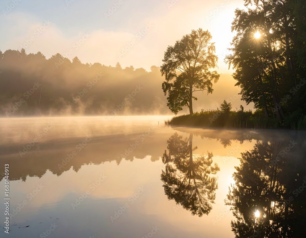 Fototapeta premium A calm lake covered in morning fog