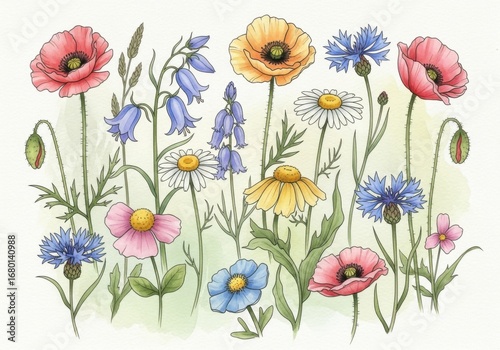 A charming watercolor painting of a vibrant wildflower meadow