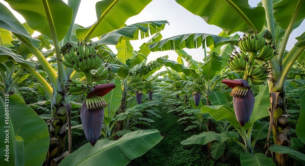 Obraz premium Banana Plantation Lush Green Leaves.