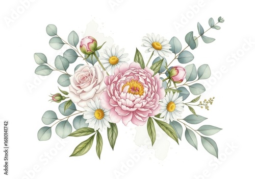 Delicate Watercolor Floral Arrangement with Pink Peonies and Daisies