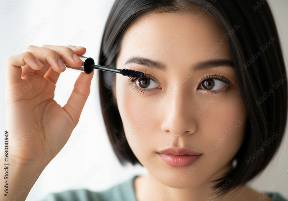 Obraz premium マスカラを塗る日本人女性のメイクアップシーン