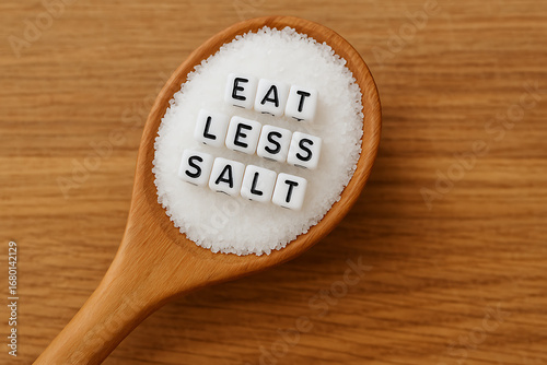 Eat less salt wooden spoon filled with white salt crystals healthy diet awareness concept close up view sodium reduction nutrition heart health hypertension prevention lifestyle message background
