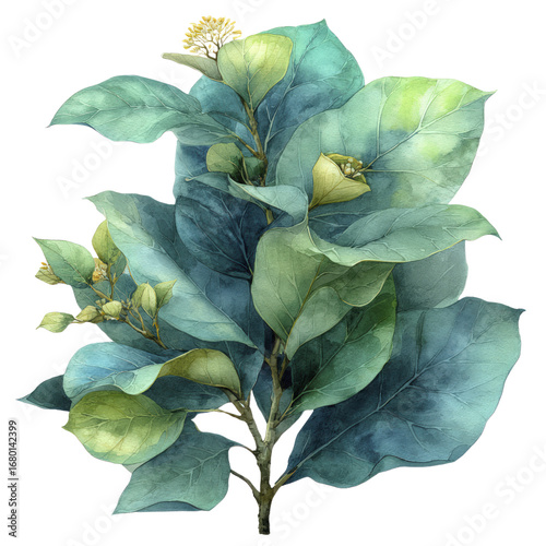 Watercolor illustration of lush green foliage and unopened buds on a branch botanical art