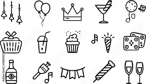 Vector outline drawing depicting party elements including balloons, crown, cocktail, and party favors design