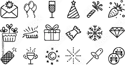 Vector illustration featuring an assortment of party and celebratory icons including gifts and decorations galore