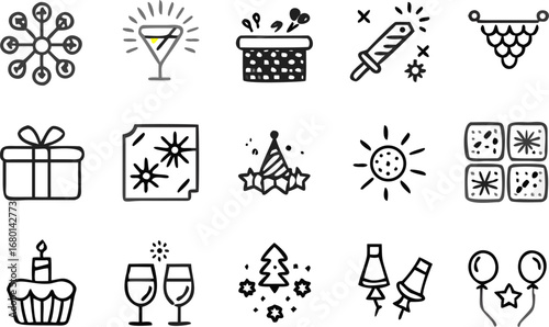 Vector illustration featuring celebratory icons including gifts, drinks, cake, balloons and party decorations