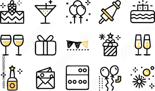 Vector illustration of celebration icons including cake, cocktail, balloons, party horn, gifts and champagne flutes
