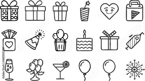 Vector illustration of various party and celebration icons including gifts, balloons, cake and party favors