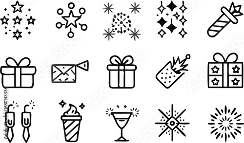 Vector illustration of various celebration icons including stars, gifts, fireworks, and a cocktail glass design