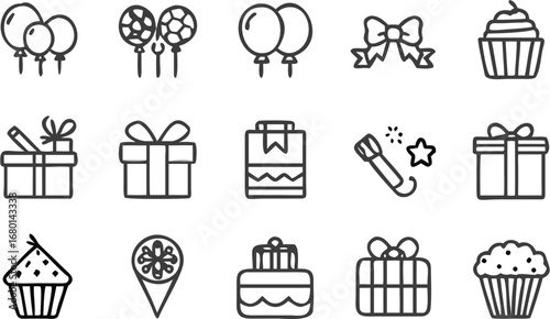Vector outline drawing of birthday elements featuring balloons gifts cupcakes and party favors in a simple style