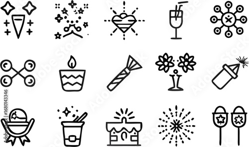 Vector illustration displaying festive elements such as fireworks, drinks, and other celebratory items