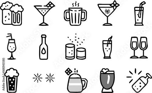 Vector illustration of various beverages including beer cocktails coffee and other drinks in black and white style