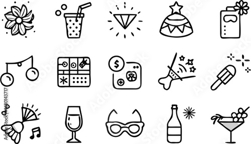 Vector illustration of party themed icons including drinks, music, gifts, and accessories in black and white style