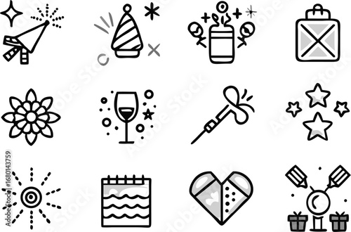 Vector collection of twelve black and white celebration icons including party favors and gifts on white background