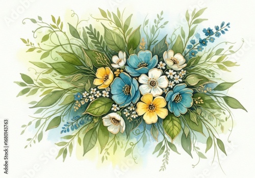 A Delicate Watercolor Bouquet of Blue Yellow and White Flowers