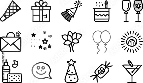 Vector illustration of party elements including a party horn, gift, hat, cake, drinks, and other celebration icons