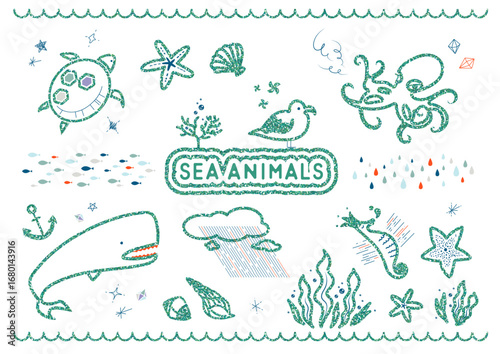 Hand Drawn Sea Animals Illustration Set with Whale, Turtle, Octopus and Marine Elements クジラ・カメ・タコなど海の生き物と海洋モチーフの手描き風イラストセット
