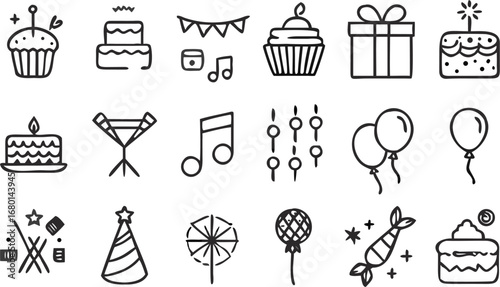 Vector a collection of doodle style birthday party icons including cake cupcakes balloons and musical accessories drawn