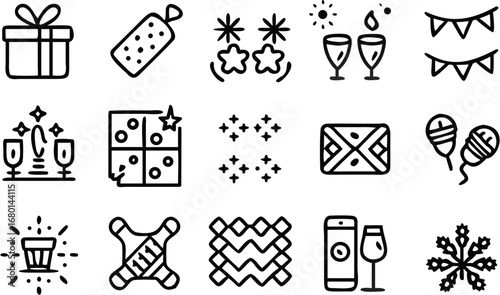 Vector collection of holiday themed icons including gifts, drinks, stars, and decorations in black and white