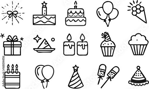 Vector collection of birthday themed outline icons featuring cakes, gifts, balloons and party hats celebration icons