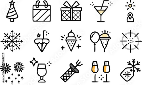 Vector collection of christmas and celebration icons including tree gift calendar snowflake drinks and fireworks design