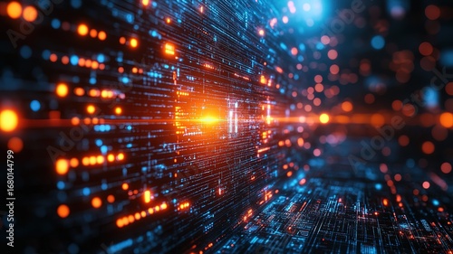 Wallpaper Mural Tech Digital Space Background: Orange-Blue Light Dots and Interwoven Lines with Data Flow for Futuristic Design Torontodigital.ca