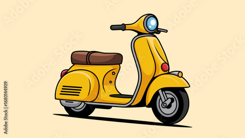 Bright yellow vintage scooter with brown seat and blue helmet. Solid Background