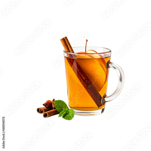 apple cinnamon tea with apple slices and cinnamon stick floating inside, white background