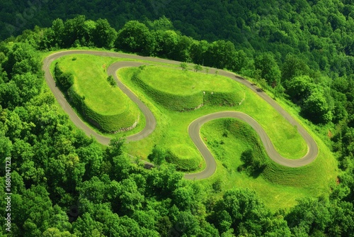 Winding mountain road curves through lush green hills and forest