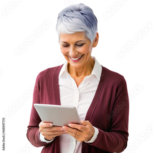 Wallpaper Mural Smiling middle-aged woman with short gray hair using a digital tablet device Torontodigital.ca