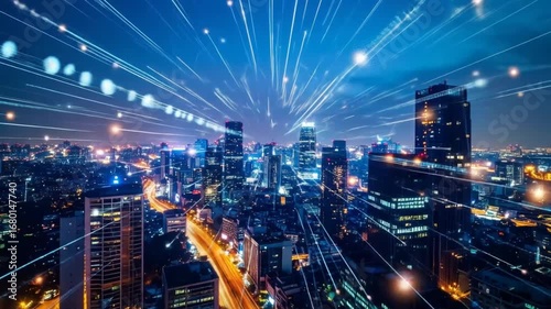 Wallpaper Mural Futuristic city skyline illuminated with abstract data stream connecting buildings and Torontodigital.ca