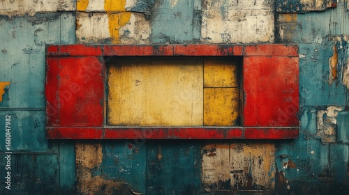 Abstract Industrial Wall with Red Frame and Peeling Yellow, Teal, and White Paint Texture
