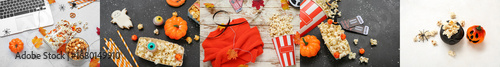 Collage of tasty popcorn wi...