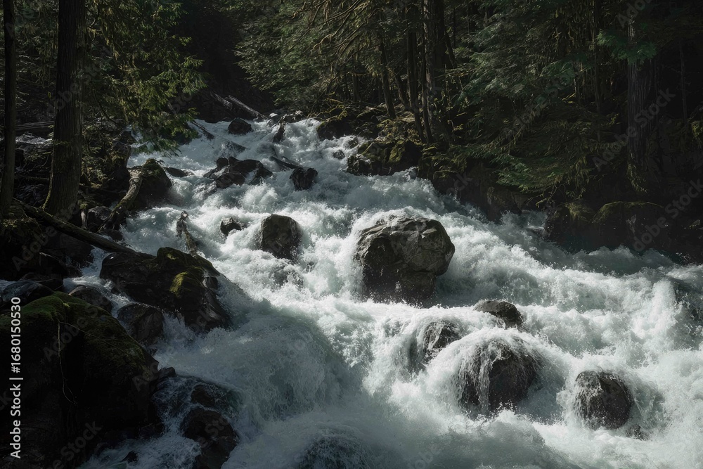 Fototapeta premium Sunlit rapids rush through a dark, mossy forest