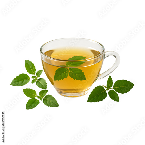 tea with condensation and mint garnish, white background