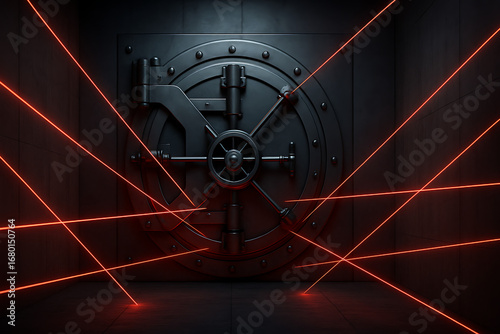 Bank vault secure door with red laser beams, high security protection system, financial treasure safety concept, futuristic robbery prevention technology, strong metal safe with advanced security lock
