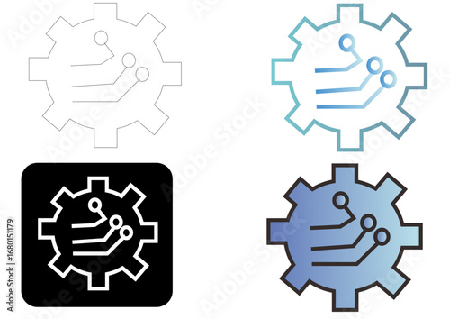Modern vector graphic depicting a gear integrated with a circuit board, symbolizing smart engineering, data processing, and innovative system development