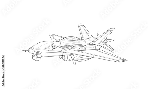 Illustration of a futuristic aircraft with twin tail fins and visible propeller in a line art style