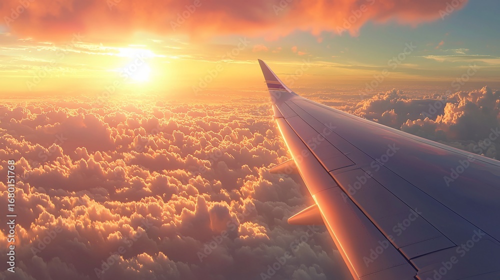 Obraz premium Aerial Serenity: Airplane Wing Gliding Above Cloudscape at Sunset Illuminating the Sky
