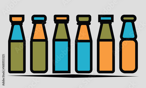 Colorful Six Bottle Different Shapes Thick Outline Sticker Style Vector Art
