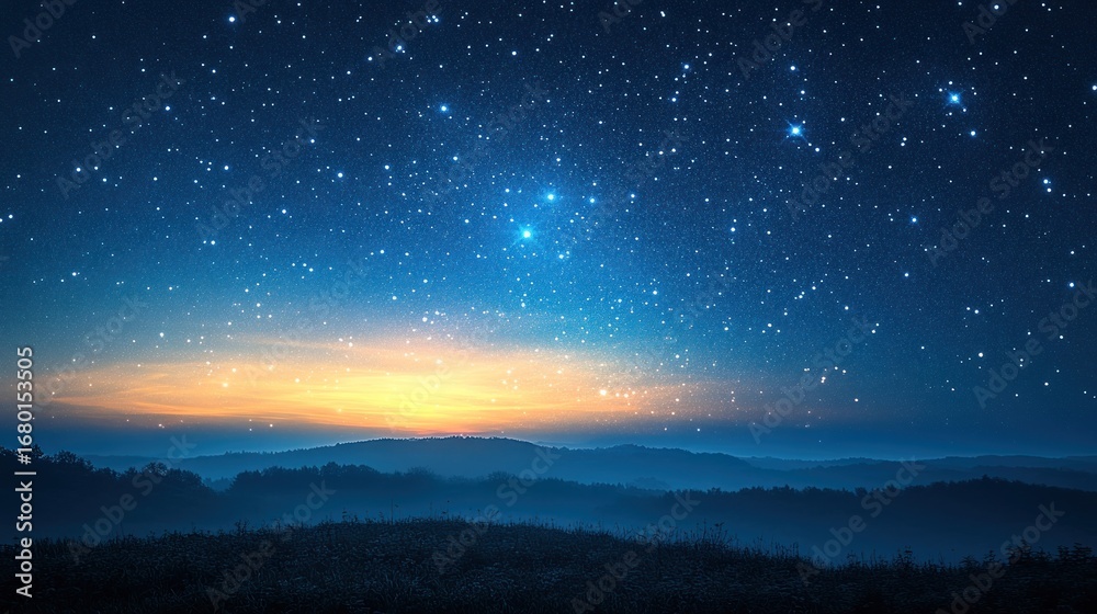 Fototapeta premium Starry Night Sky with Dawn over Misty Mountains and Silhouetted Landscape