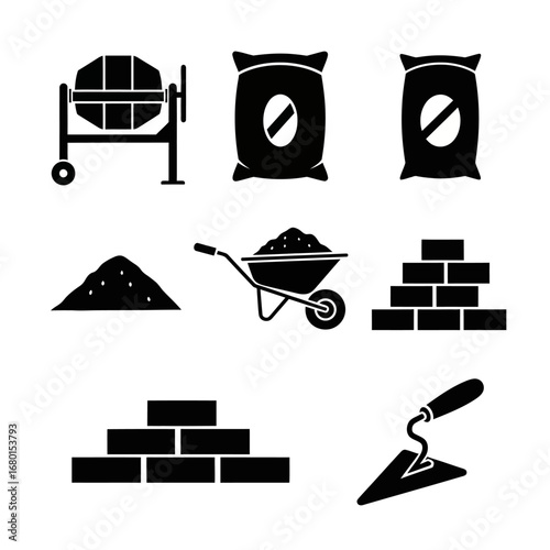 Essential construction materials and building tools, such as a cement mixer, bricks, sand, and a trowel, are depicted as clean black silhouette icons.