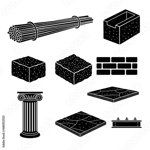 Monochrome icons of construction materials: rebar, concrete, bricks, columns, steel beams, for building and design.