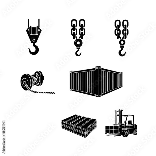 A collection of essential black silhouette icons representing various industrial lifting, shipping, and logistics equipment on a clean white background.