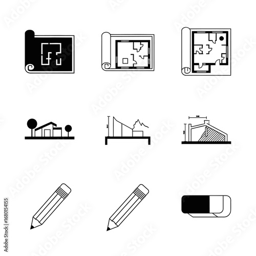 A modern graphic illustration depicting core architectural design elements, including detailed floor plans, various building models, and essential drafting tools.