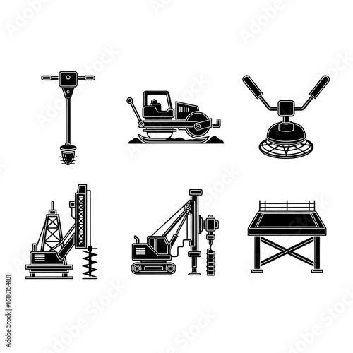 This sleek monochrome vector icon collection visually represents essential heavy construction machinery and specialized tools used in engineering.